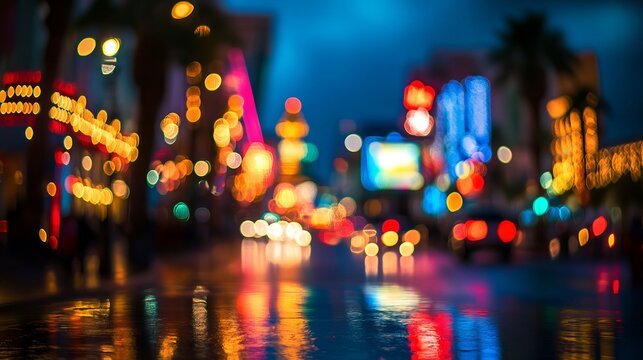 Las vegas city street lights with colorful bokeh defocused background