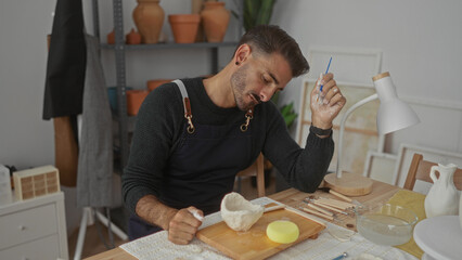 Man shaping raw clay bowl with brush and hand at wooden table in artisan studio; mindful concentration.