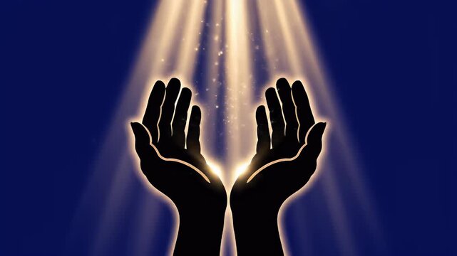 Silhouette of hands raised in supplication (Dua) with divine light rays shining down