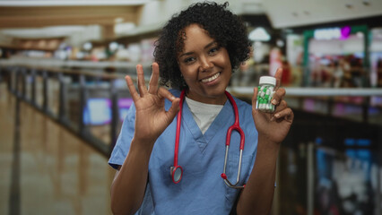 African american doctor holding pills and making ok sign in bright building; trust health confidence.