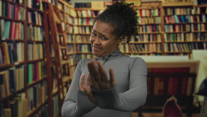 Young african american woman in gray sweater pushes palms forward in a quiet old library  disgust personal space. © Krakenimages.com