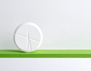 A large, white, round tablet rests against a bright green horizontal bar against a white backdrop. The tablet has an incised cross