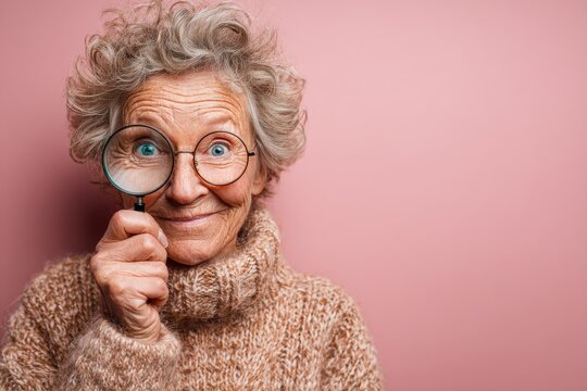 A cheerful senior woman shows her teeth through a magnifier, flashing a playful grin