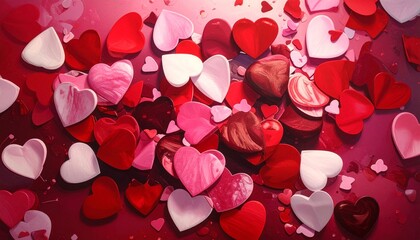 Scattered hearts on pink-red gradient&mdash;romantic mix of glossy love shapes in vibrant Valentine palette.