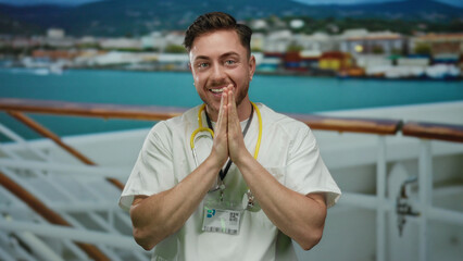Fototapeta premium Young man with beard in doctor attire smiling on a cruise ship with seaside in the background, holding hands to face showing excitement with stethoscope hanging.