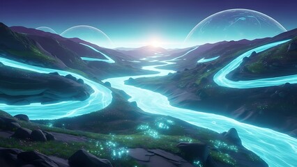 Glowing River Winding Through Alien Landscape Under Triple Moons