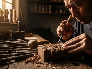 Man carving wood with chisel in workshop with tools around him