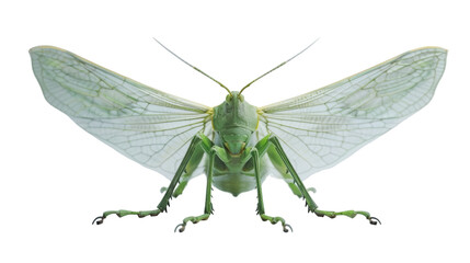 Green grasshopper with detailed wings on a white background isolated