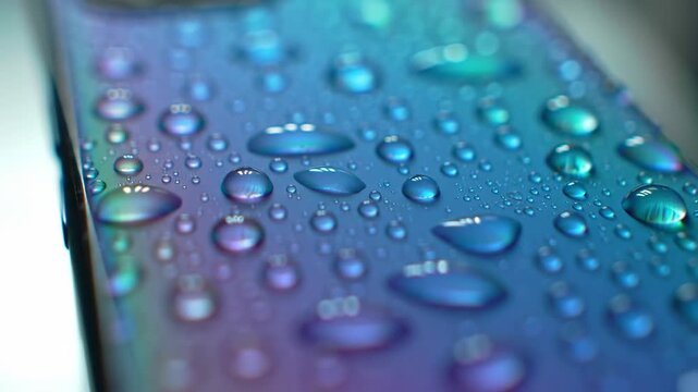 Close up of mobile phone with water drops. Water resistant phone with technology and colorful background.