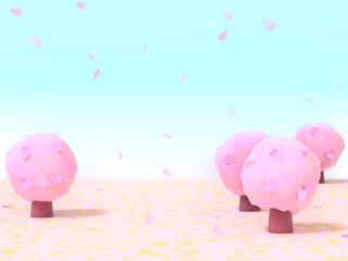 花吹雪と桜の木のかわいい3DCG風景
