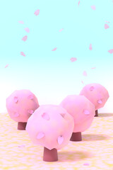 花吹雪と桜の木のかわいい3DCG縦長風景