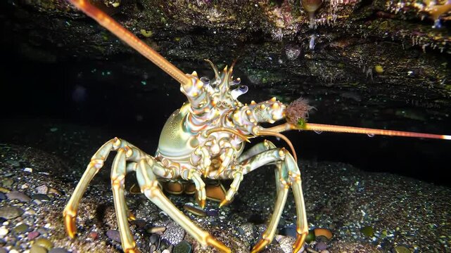 Spiny lobster underwater in dark cave. Wildlife marine animal crustacean.