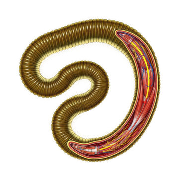 Brownish-green polychaete worm illustration with color-coded internal anatomy shown via a detailed longitudinal cutaway, isolated on a white background with copy space. Concept of scientific