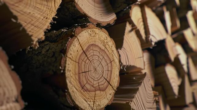Close up of stacked firewood logs, natural woodpile for winter heating fuel.