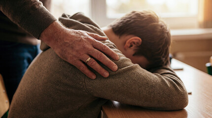 Father's hand on shoulder of sad son with head down. Biblical concept of compassionate love, forgiveness and support based on 1 Corinthians. Comforting depressed teenager in time of grief.