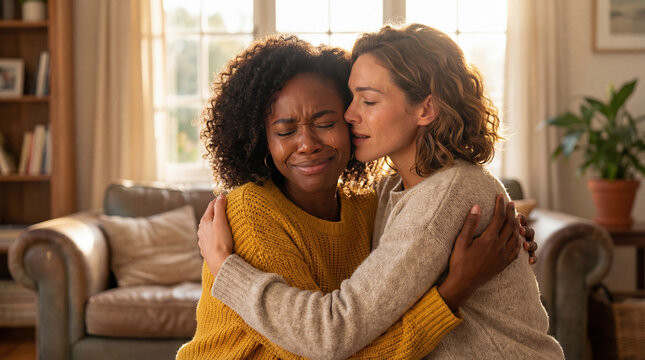 Compassionate woman comforting crying friend. Biblical concept of brotherly love, mercy and empathy from 1 Corinthians. Diverse friendship bearing one another's burdens in grief and sorrow.