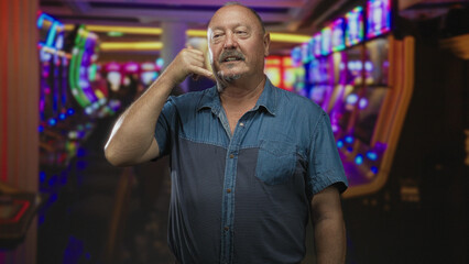 Fototapeta premium Man showing call me hand gesture near ear with visible hand amid slot machines in casino building; playful invitation.
