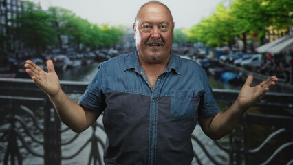 Senior hispanic man covers mouth with both hands on a street bridge over a canal, wearing blue...