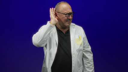 Naklejka premium Man doctor in white coat holding hand to ear beside glasses and pocket pens in studio, listening posture; concern attention focus.