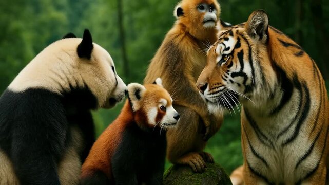 A video still of diverse wildlife featuring a panda, red panda, monkey, and tiger in a lush forest, captured from a side angle. Live desktop wallpaper.