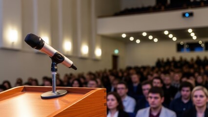 Professional microphone on wooden podium in front of blurred audience at business conference or university lecture hall for public speaking, education and leadership seminar concept.