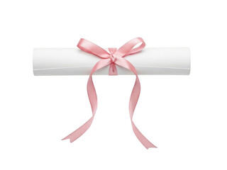 Elegant diploma with pink ribbon isolated on transparent background