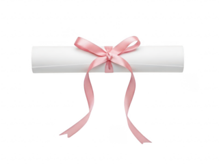Elegant diploma with pink ribbon isolated on transparent background