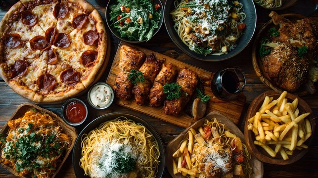 Lavish Italian feast spread on a wooden table including pepperoni pizza, various pasta dishes, roasted chicken, and fries in top view.