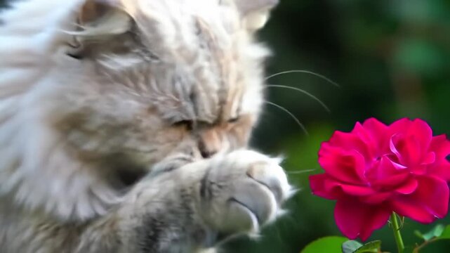 Charming fluffy cat with rose flower in garden. Cute pet and nature concept.