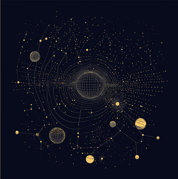 Abstract wireframe cosmic constellation with geometric planets stars and celestial bodies minimalist dark space vector background illustration