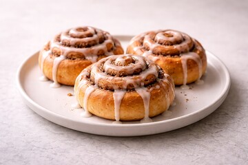 Sweet Cinnamon Rolls with Creamy Glaze on a White Plate