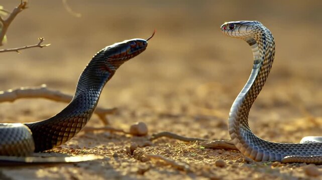 Two snakes facing each other on dry ground, wildlife animal cobra snake outdoor.