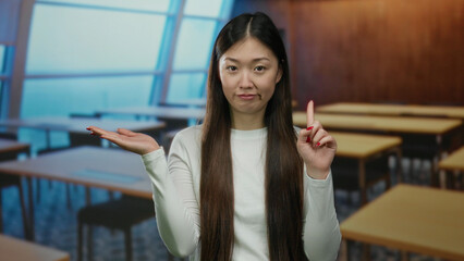 Asian woman gesturing stop with open palm in a classroom setting, expressing negation or...