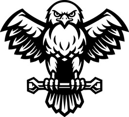 Obraz premium Aggressive Eagle Mascot Holding Wrench Vector Graphic Logo Design