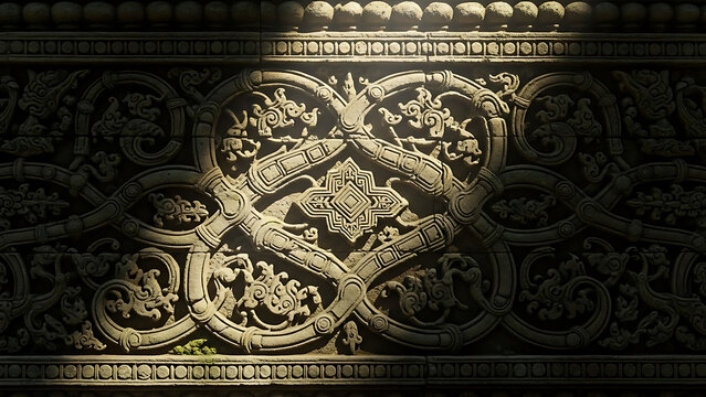 Ancient stone wall with intricate gothic carvings abstract background texture illuminated by sunlight