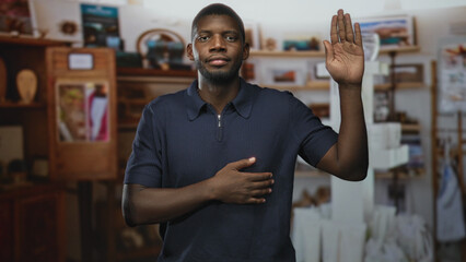 Man raises right hand with open palm and holds left hand to chest while standing in an art studio...