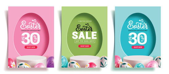 Easter Sale poster set clipart. Easter Sale podium banner clip art with egg shape template and stage dais promotion banner collection for limited time offer discount shopping design vector 