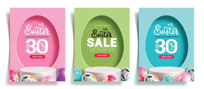 Easter Sale poster set clipart. Easter Sale podium banner clip art with egg shape template and stage dais promotion banner collection for limited time offer discount shopping design vector 