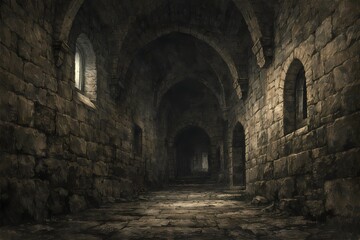Obraz premium Dark medieval stone corridor inside an ancient fortress, evoking silence, decay, faith, and the oppressive atmosphere of historical religious and feudal architecture.