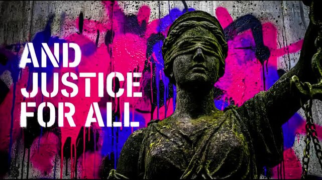 A powerful, close-up statue depicting Lady Justice, blindfolded and draped, stands defiantly against a vibrant, abstract graffiti backdrop featuring bold social commentary text.