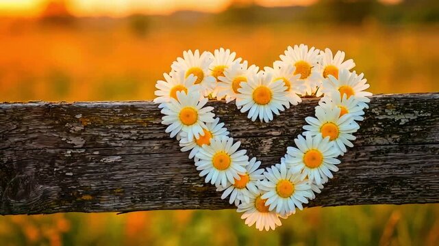 Beautiful white daisy flowers delicately arranged into a perfect heart shape resting upon weathered rustic wood during golden hour sunlight.