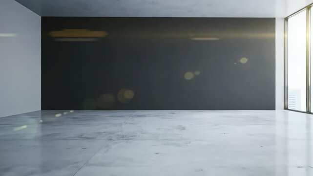 Slow tracking video, empty, ultra-modern minimalist room. Concrete, white walls, dark gray copy space. Bright diffused daylight. Corporate vision concept