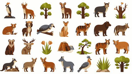 Obraz premium Various animals and plants on white background tree bird deer