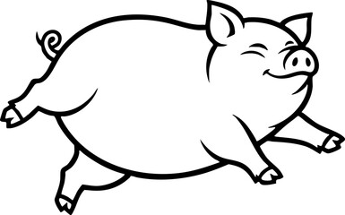 Fototapeta premium Cute happy pig running line art isolated cartoon illustration.