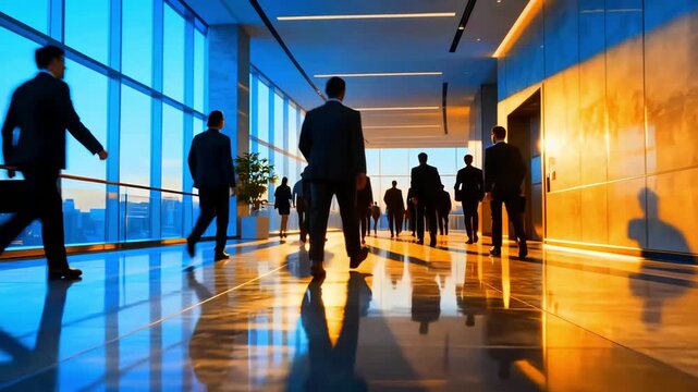 Silhouetted business professionals in sharp suits confidently walk through a modern, sunlit corporate hallway during a busy day.
