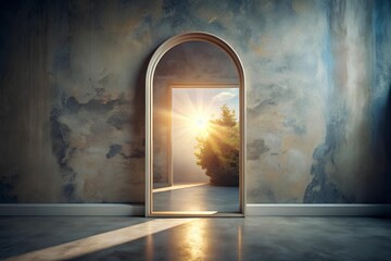 Arched mirror revealing radiant sunburst and green tree beyond textured wall, blending indoor calm with vibrant outdoor energy in surreal composition