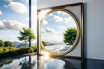 Modern interior with golden circular window framing lush hills and blue sky, blending geometric elegance and natural light in a serene architectural space