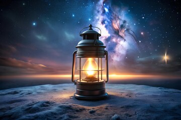 Glowing lantern with egg-shaped light on textured ground under vivid starry sky and nebula, blending warmth and cosmic wonder in surreal nighttime setting