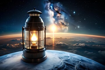 Surreal lighthouse glowing above clouds on planetary surface with cosmic sunrise and nebula, blending Earthly structure with deep space atmosphere
