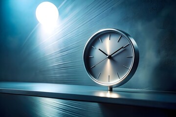 Minimalist metallic clock on sleek surface with dramatic light and shadow against textured blue wall, evoking futuristic calm and abstract time perception